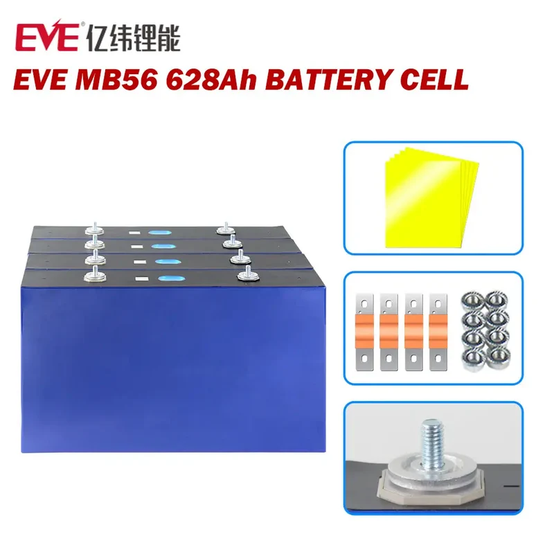 4PCS 3.2V 628Ah EVE MB56 with M8 Studs Grade A LiFePO4 Battery Cells Full Capacity China Shipping