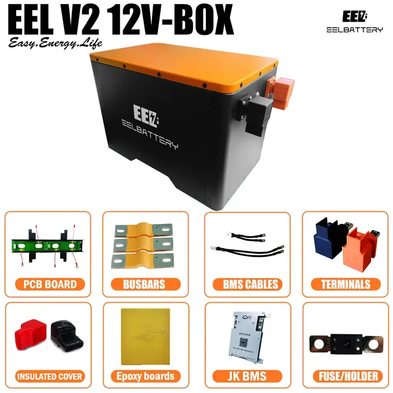 12V LiFePO4 Battery Box DIY Kit with JK 200A Active Balance BMS and 250A Fuse for Solar Power - EU Stock