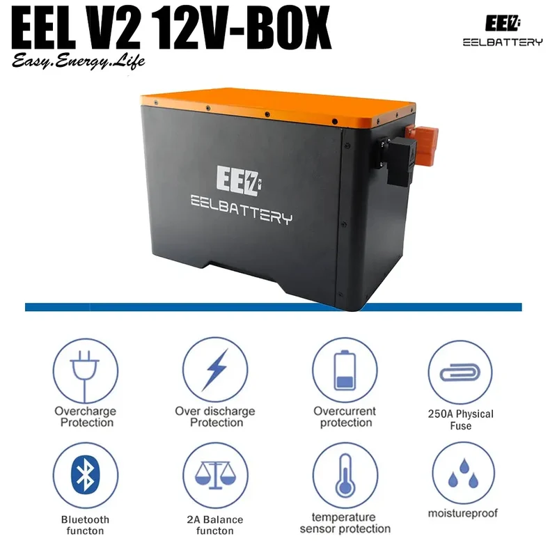12V LiFePO4 Battery Box DIY Kit with JK 200A Active Balance BMS and 250A Fuse for Solar Power - EU Stock