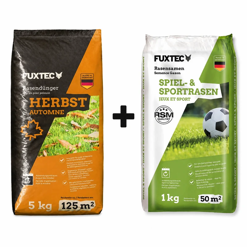 FUXTEC Herbst-Rasenpflege-Set – 2 kg Rasensamen + 5 kg Herbstdünger