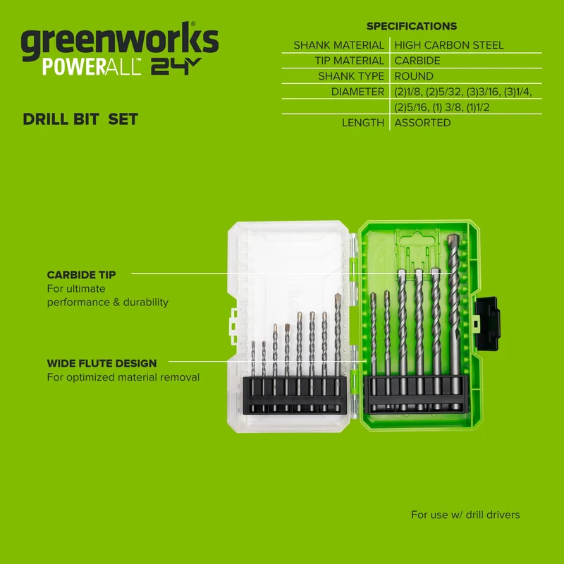 14-Piece Masonry Drill Bit Set, Sizes 1/8" to 1/2", Round Shank Insert