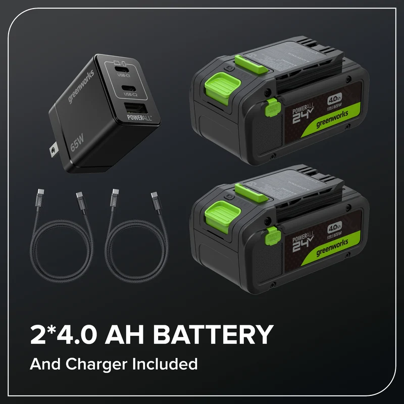 48V (24V x 2) 15" Cordless Battery Dethatcher/Scarifier: (2) 4.0Ah Batteries, (1) 65W Charger, (2) 100W Cables