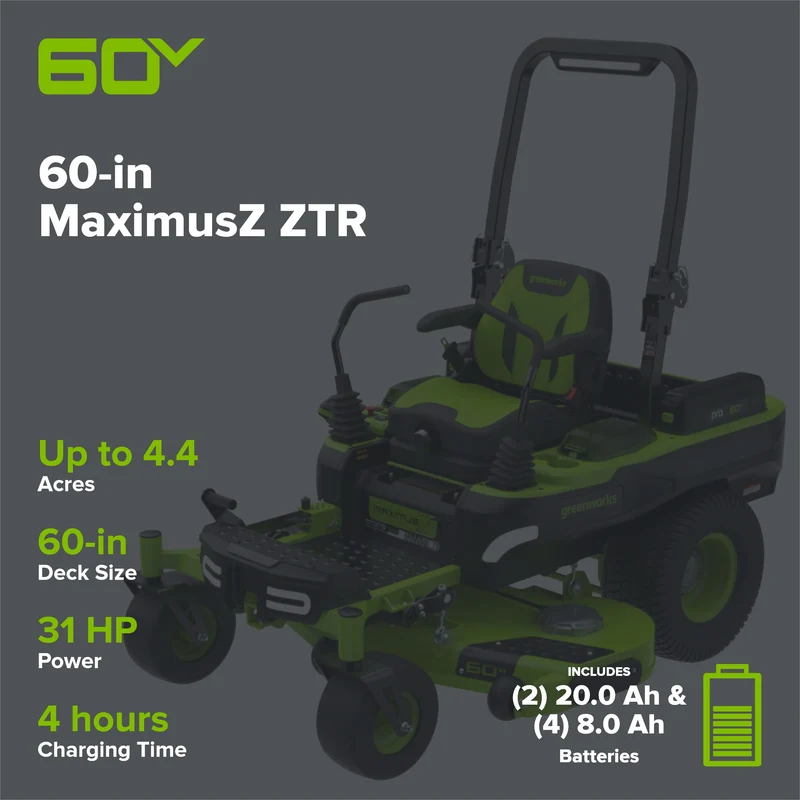 60V 60" MaximusZ Zero Turn: (2) 20.0 Ah, (4) 8.0 Ah Batteries and 1.5kW Charger, MZ6061
