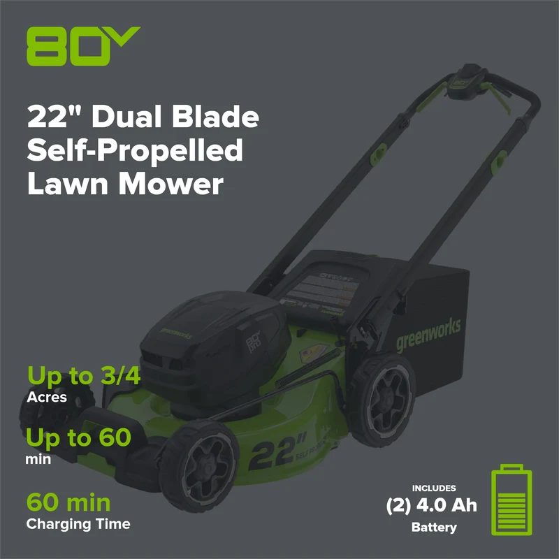 OPEN BOX 80V 22" Cordless Battery Dual Blade Self-Propelled Lawn Mower: (2) 4.0 Ah Batteries and Rapid Charger, LM2208S