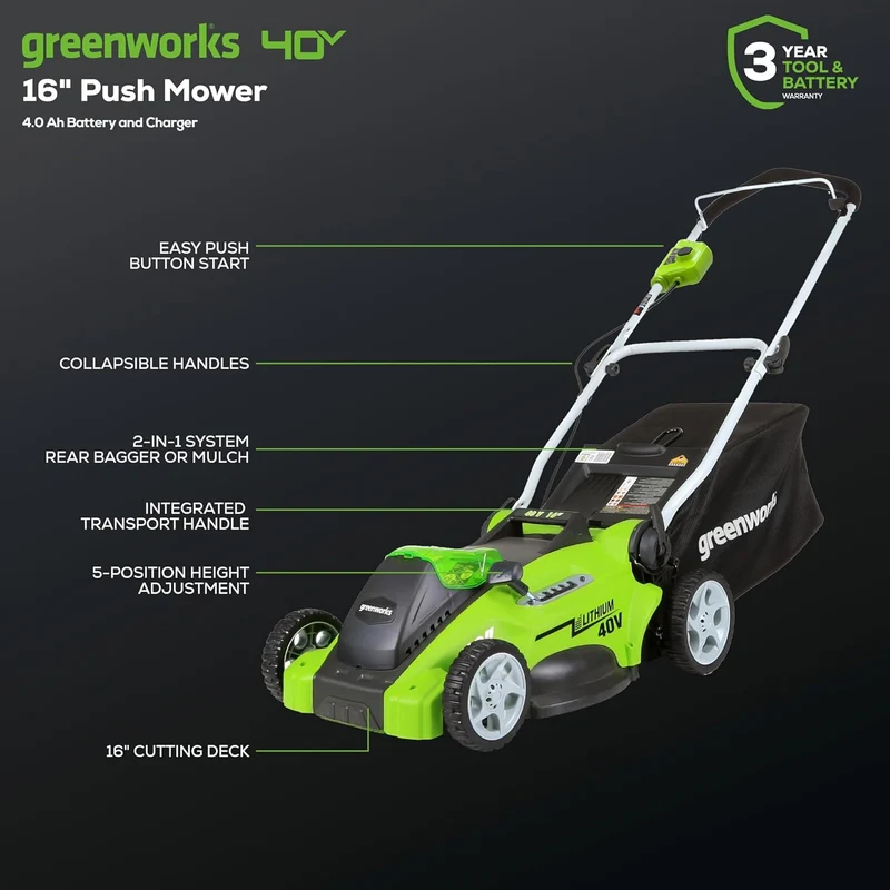 40V 16" Cordless Battery Push Lawn Mower w/ 4.0Ah Battery & Charger, LM1604