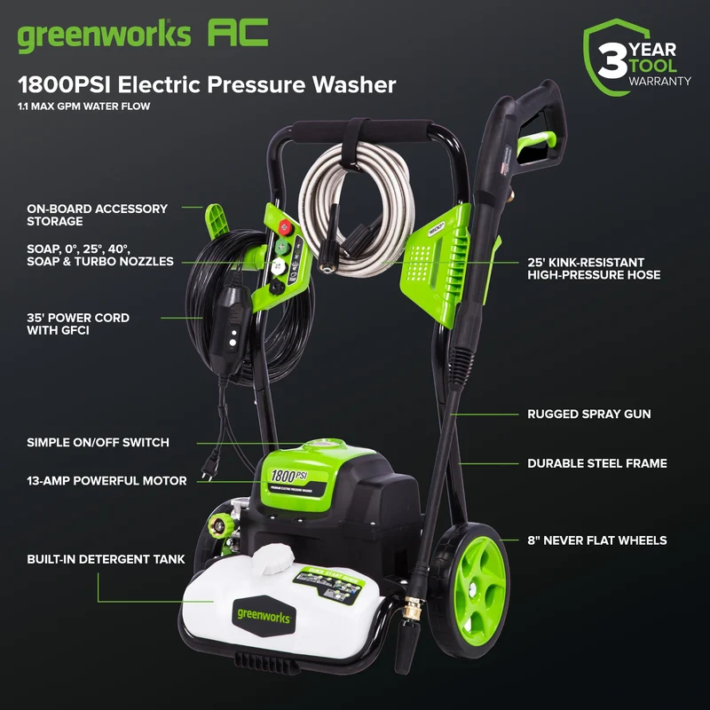 1800 PSI 1.1 GPM Corded Electric Pressure Washer (Open Frame)