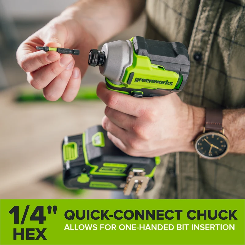 24V PowerAll 1/4" 1900 in-lbs Brushless Impact Driver Kit: (1) 2.0 Ah USB-C Battery, (1) 30W USB-C Charger Block, (1) 3' 100W USB-C Cable, (1) Belt Clip, (1) Pro 10PC Dual Sided Impact Bit Sets