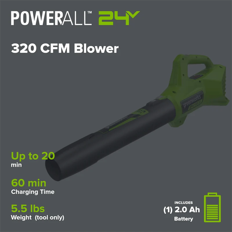 24V 320CFM Cordless Battery Leaf Blower: 2.0Ah Battery and Charger