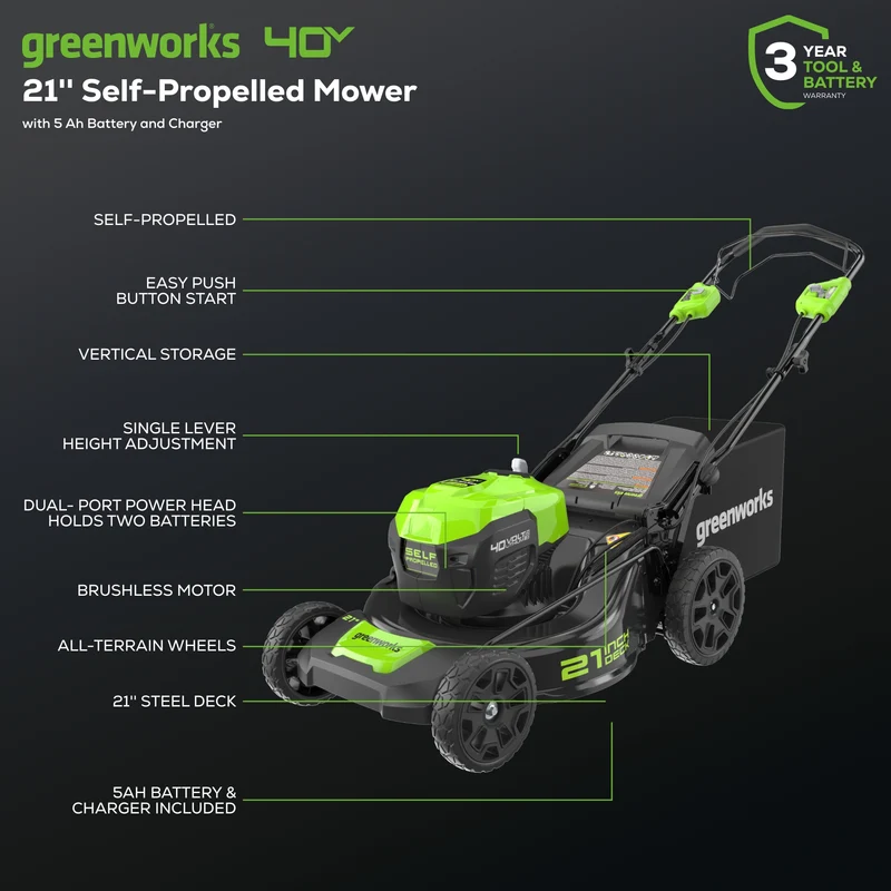 OPEN BOX 40V 21" Cordless Battery Self-Propelled Lawn Mower 3PC Combo Kit, (1) 5.0Ah Battery: (1) 2.0 Ah Battery and (2) Chargers