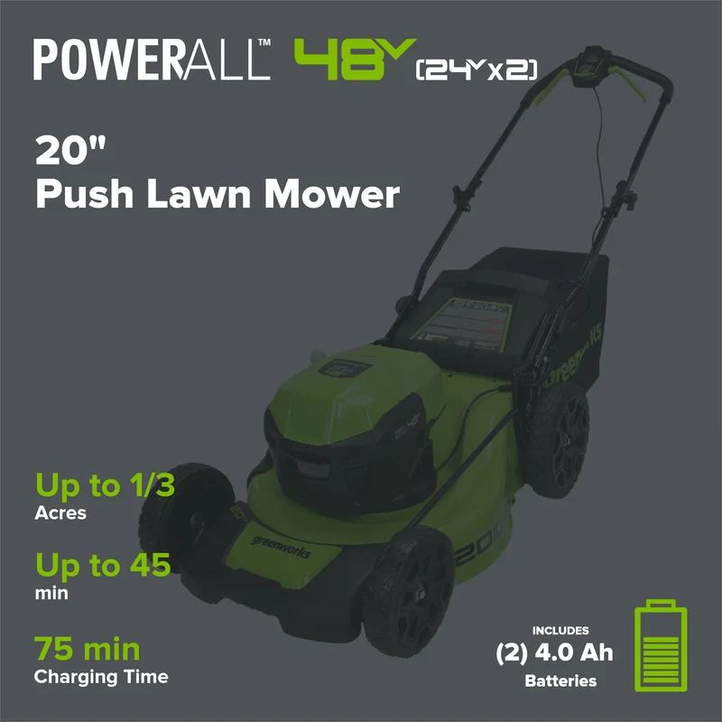 48V (24V x 2) 20" Cordless Battery Push Mower: (2) 4.0 Ah USB Batteries and Dual-Port Rapid Charger, LM2002