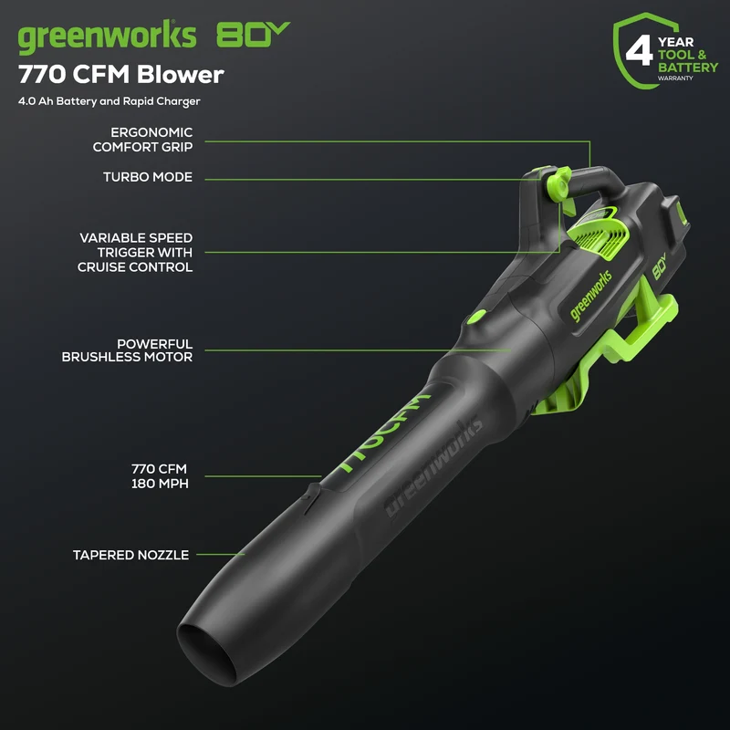 80V 770CFM Cordless Battery Blower, 4Ah Battery and Charger