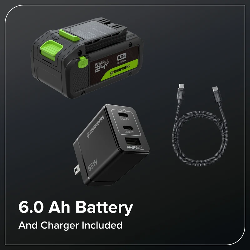 24V 15" Brushless Cordless Battery String Trimmer: (1) 6.0 Ah Battery, (1) 65W USB-C Fast Charger, (1) 3-ft USB-C Cable