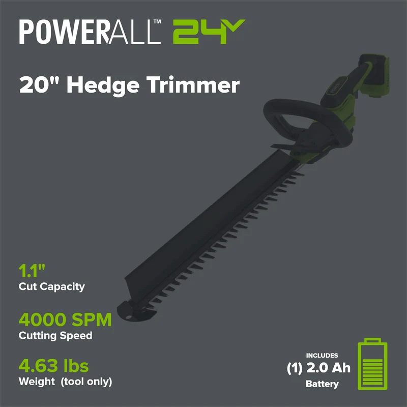 24V 20" Brushless (1.1" Cutting Capacity) Hedge Trimmer: 2.0Ah Battery and 30W Charger