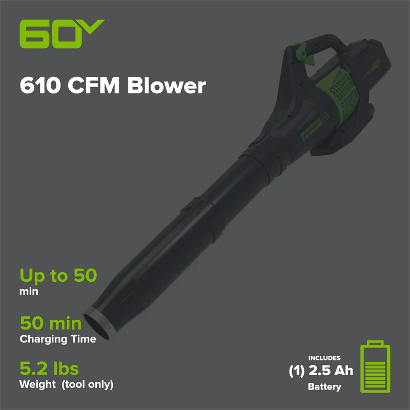 60V 610 CFM Cordless Battery Leaf Blower w/ 2.5Ah Battery & Charger