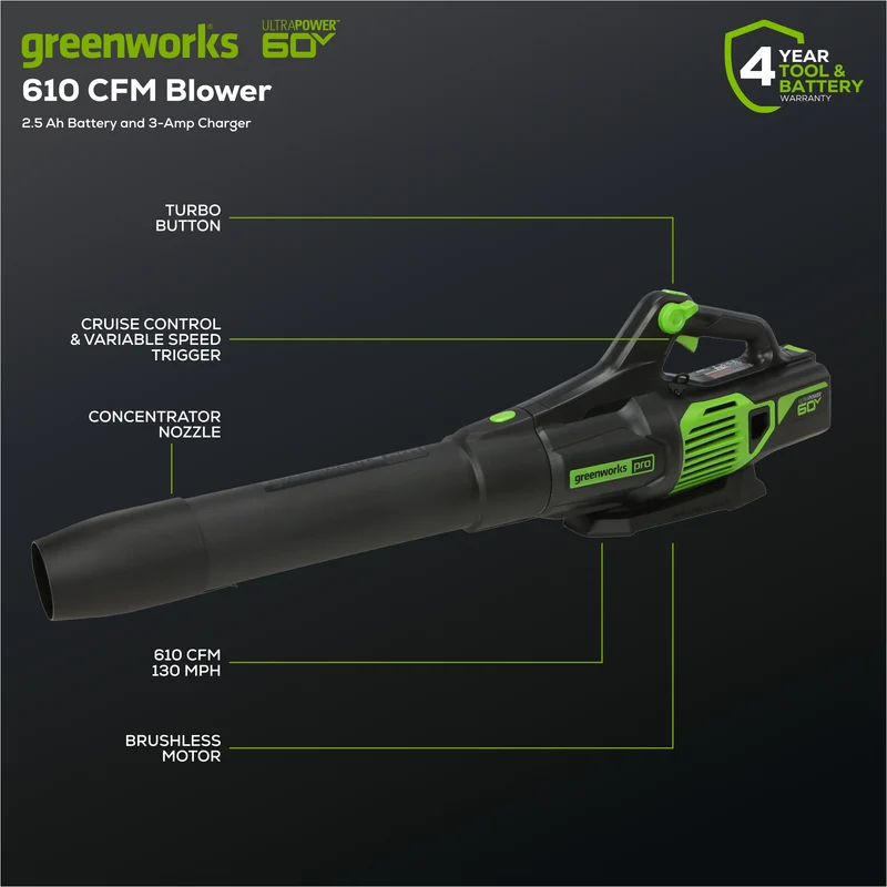 60V 610 CFM Cordless Battery Leaf Blower w/ 2.5Ah Battery & Charger