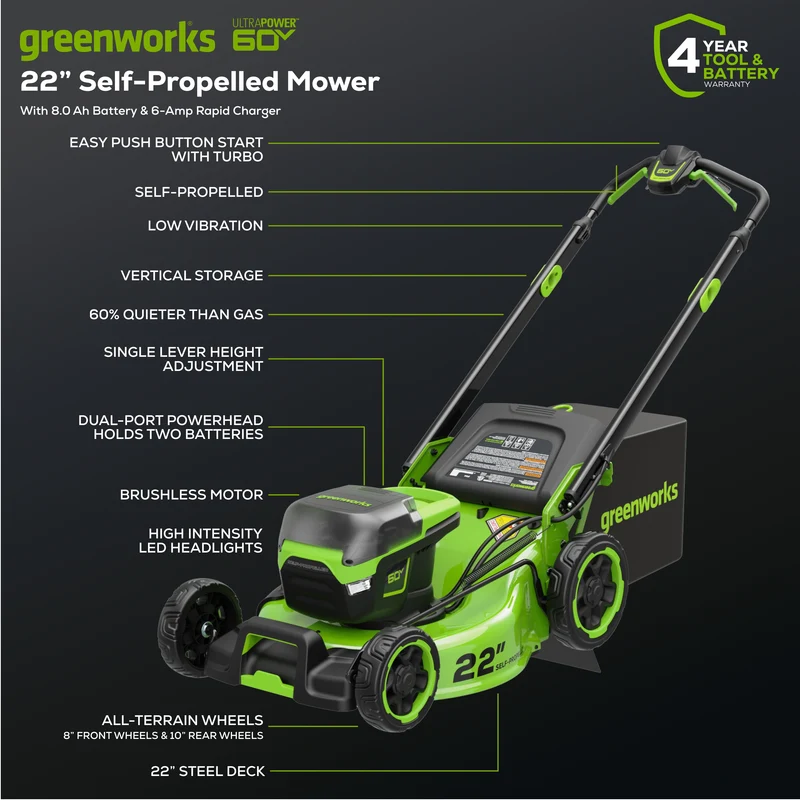 OPEN BOX 60V 22" Cordless Battery Self-Propelled Lawn Mower, 8.0 Ah Battery and 6A Charger, LM2206S