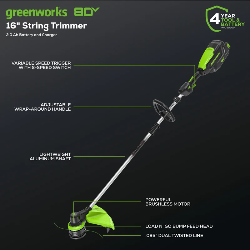 80V 16" Cordless Brushless String Trimmer: 2.0 Ah Battery and 2Amp Charger