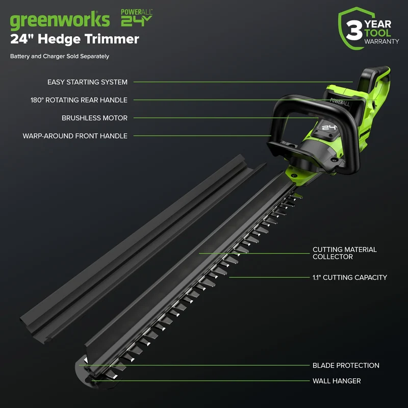 24V 24" Cordless Battery Hedge Trimmer (Tool Only)