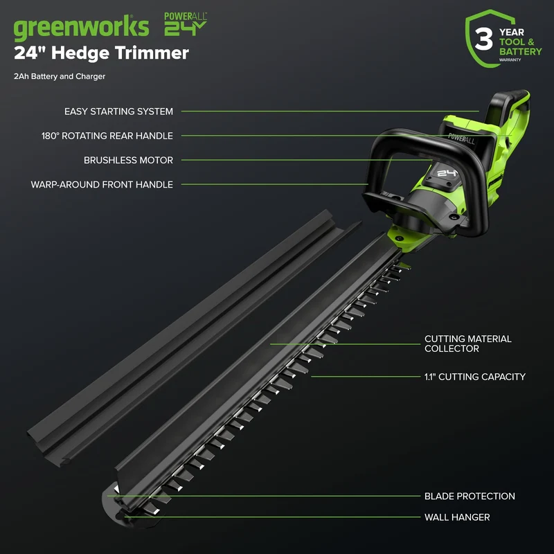 24V 24" Cordless Battery Hedge Trimmer: 2.0 Ah Battery and 2A Charger