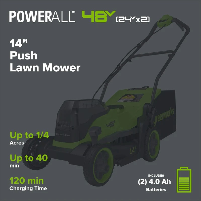 48V (24V x 2) 14" Cordless Battery Brushless Push Lawn Mower: (2) 4.0 Ah Battery and 2A Dual-port Charger, LM1412