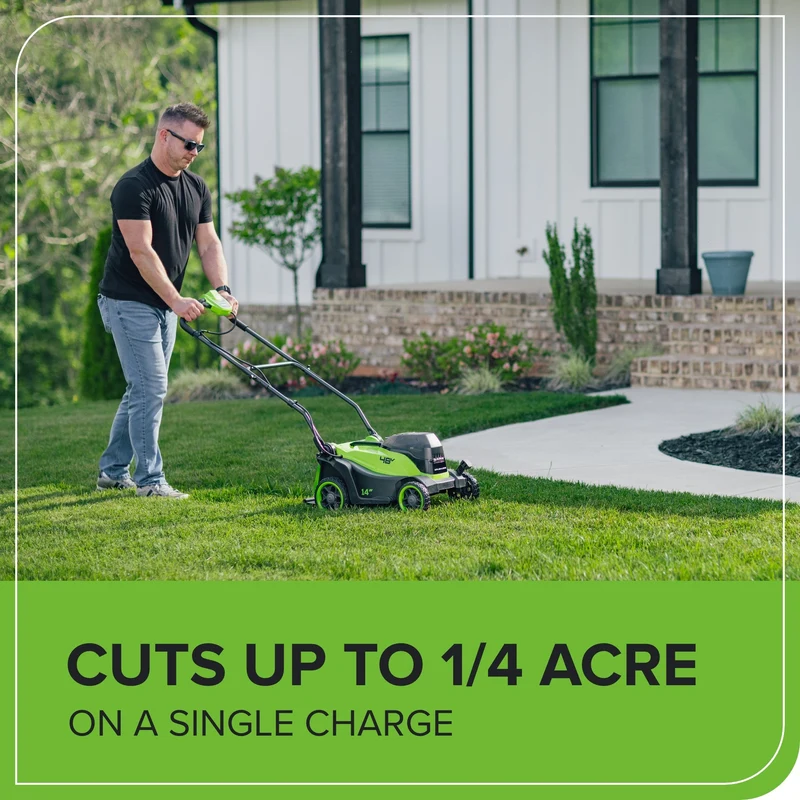 48V (24V x 2) 14" Cordless Battery Brushless Push Lawn Mower: (2) 4.0 Ah Battery and 2A Dual-port Charger, LM1412