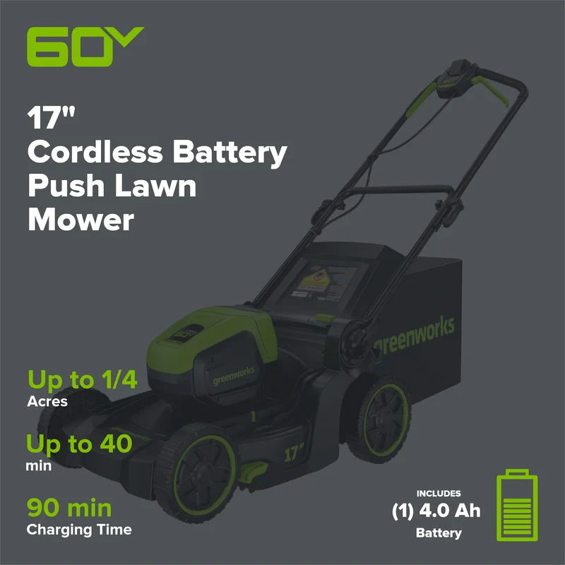 60V 17" Cordless Battery Push Lawn Mower and 13" String Trimmer Combo Kit: 4.0 Ah Battery and Charger