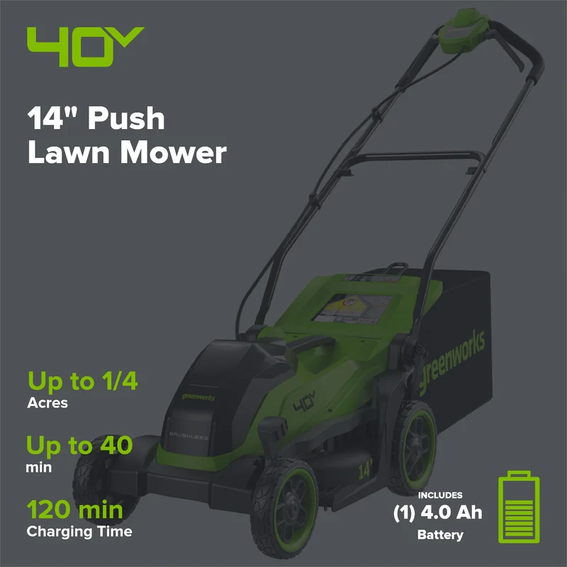 40V 14" Cordless Battery BL Push Lawn Mower: 4.0 Ah Battery and Charger, LM1414