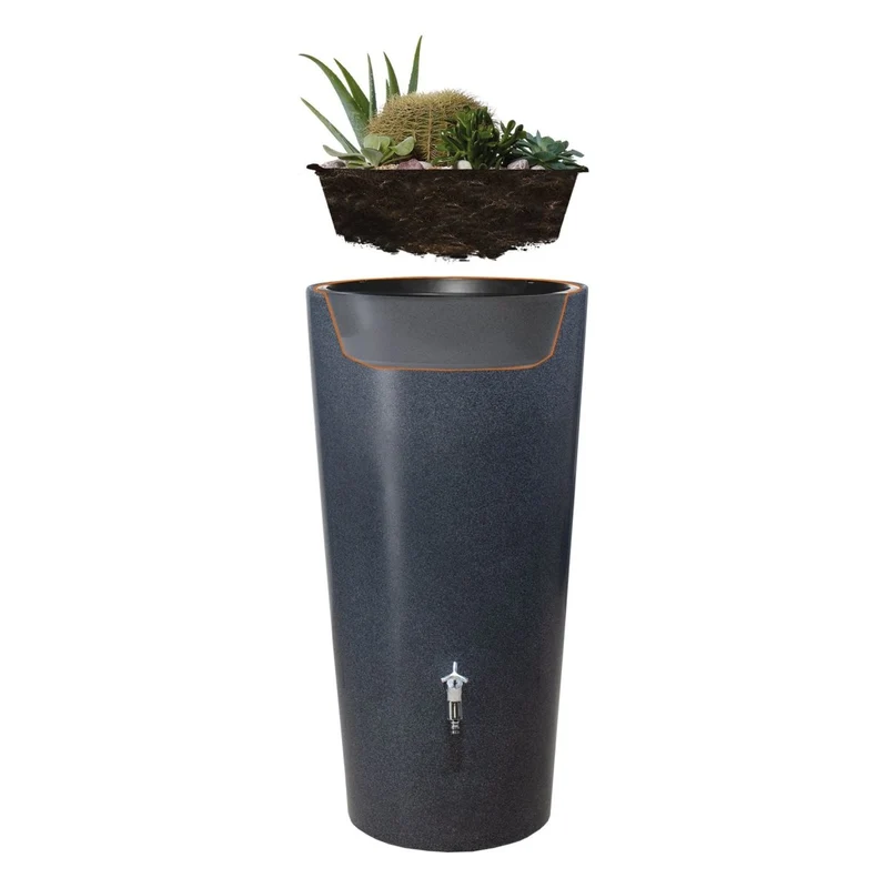 GARANTIA STONE 2in1 Regentonne 210 L, mit Pflanzschale, lava