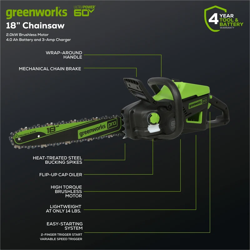 60V 18" Cordless Battery 2.0 kW Chainsaw and 24V 6" Pruner Saw, (1) 4.0 Ah Battery: (1) 2.0 Ah Battery and (2) Chargers
