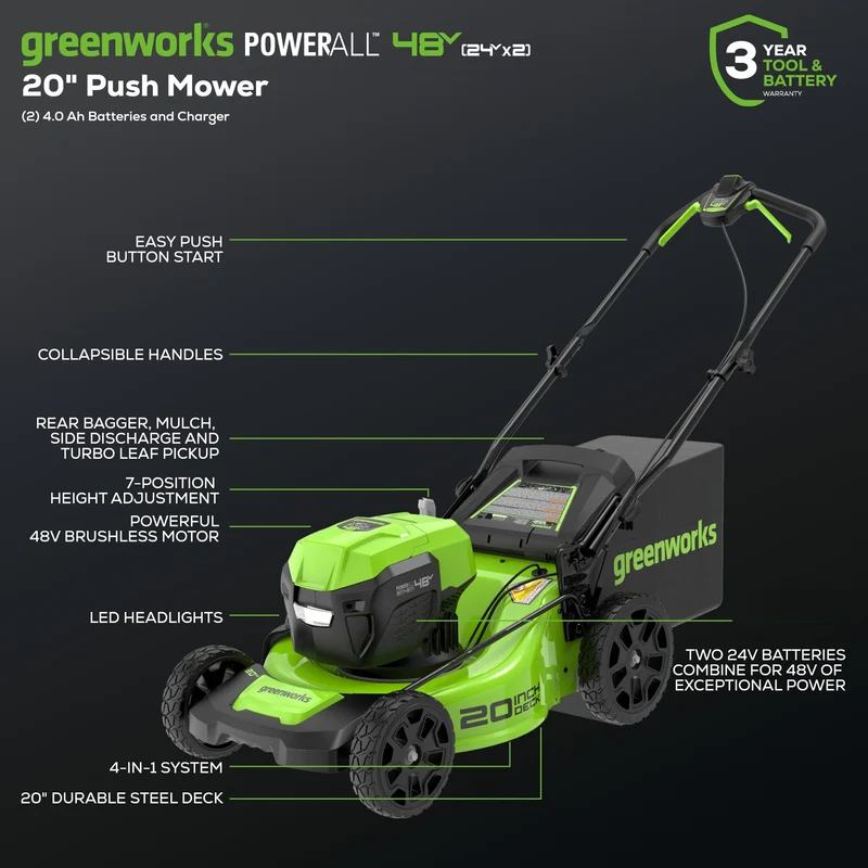 48V (24V x 2) 20" Cordless Battery Push Mower 3pc Combo Kit: (2) 4.0 Ah Batteries and Dual-Port Chargers