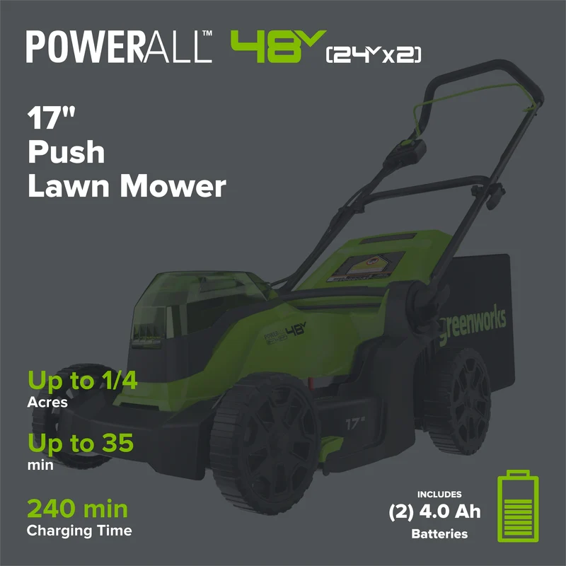 48V (24V x 2) 17" Push Cordless Lawn Mower, 320CFM Leaf Blower and 12" String Trimmer Combo Kit: (2) 4.0 Ah USB Batteries