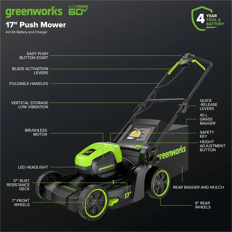 60V 17" Cordless Battery Push Lawn Mower and 610 CFM Jet Blower Combo Kit: 4.0 Ah Battery and Charger