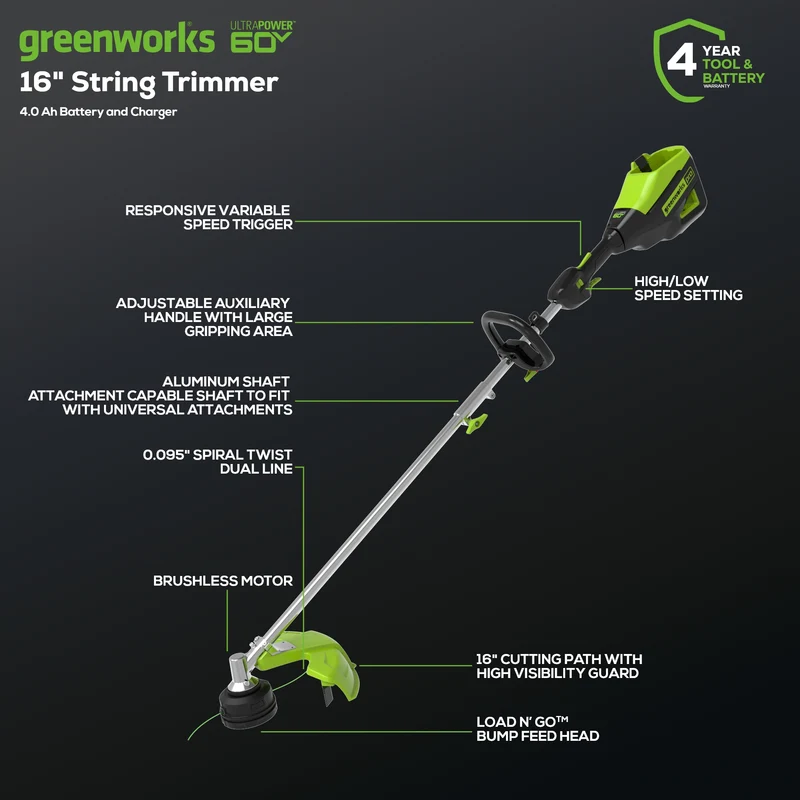 60V 16" Cordless Battery String Trimmer (Attachment Capable) and 16" Hedge Trimmer Attachment Combo Kit: 4.0 Ah Battery and Charger