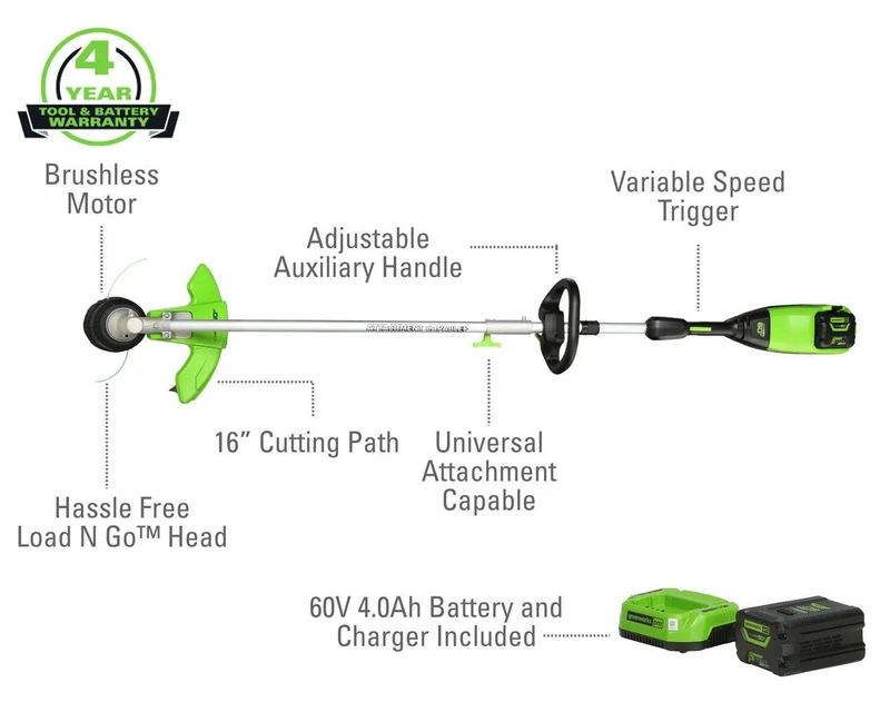 60V 16" Cordless Battery String Trimmer (Attachment Capable) and 10" Polesaw Attachment Combo Kit: 4.0 Ah Battery and Charger