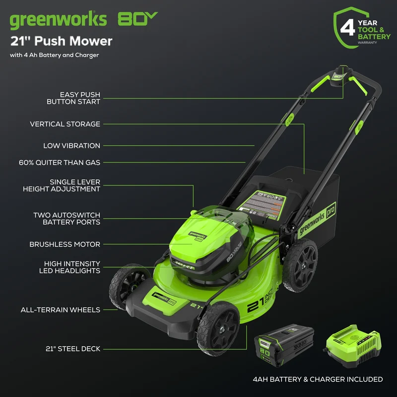 80V 21" GEN 2 Cordless Battery 4-in-1 Push Lawn Mower (Auto Switch): 4.0 Ah Battery and Charger, LM2118
