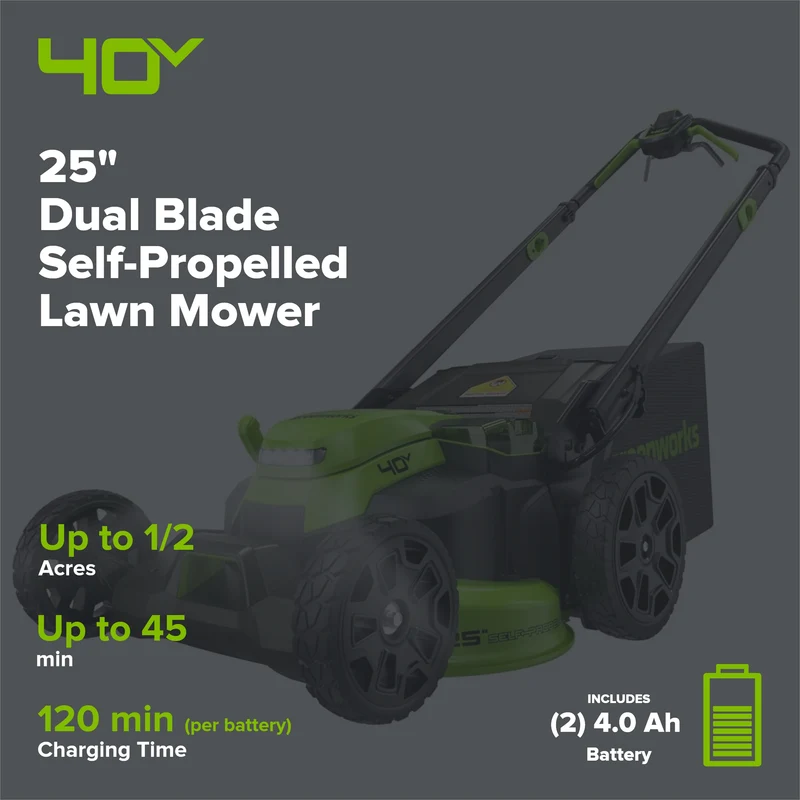 40V 25" Cordless Battery Brushless Dual Blade Self-Propelled Lawn Mower: (2) 4.0 Ah Batteries and Dual-Port Charger, LM2504S