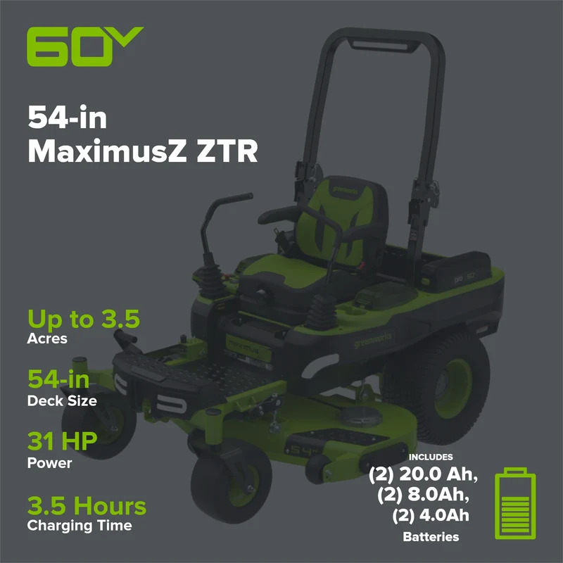60V 54" MaximusZ Zero Turn Riding Mower: (2) 20.0 Ah (2) 8.0 Ah and (2) 4.0 Ah Batteries and 1.5kW Charger, MZ5461