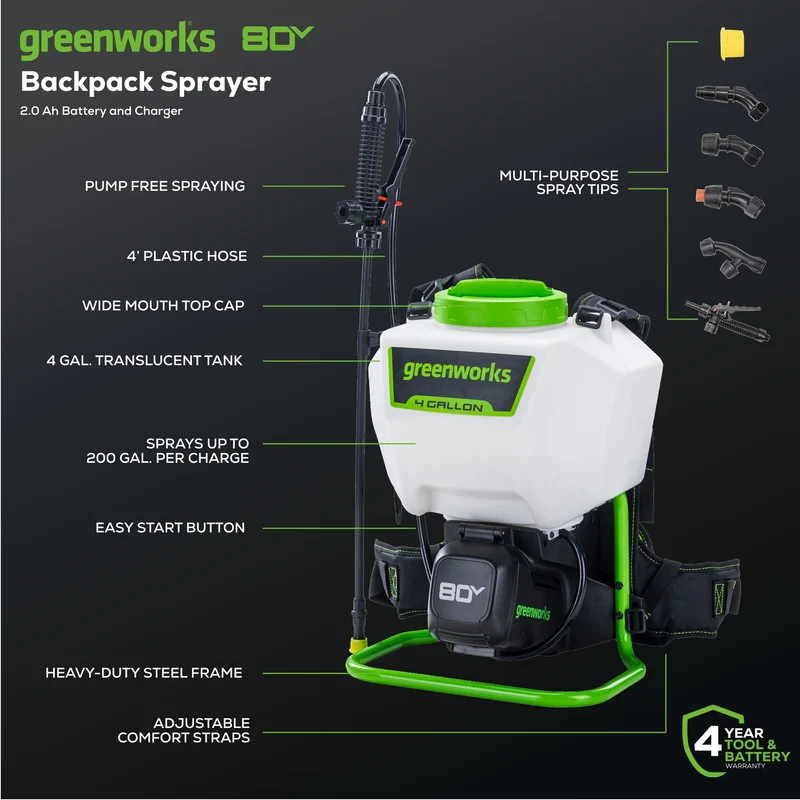 80V Cordless Battery Backpack Sprayer: 2.0 Ah Battery and Charger