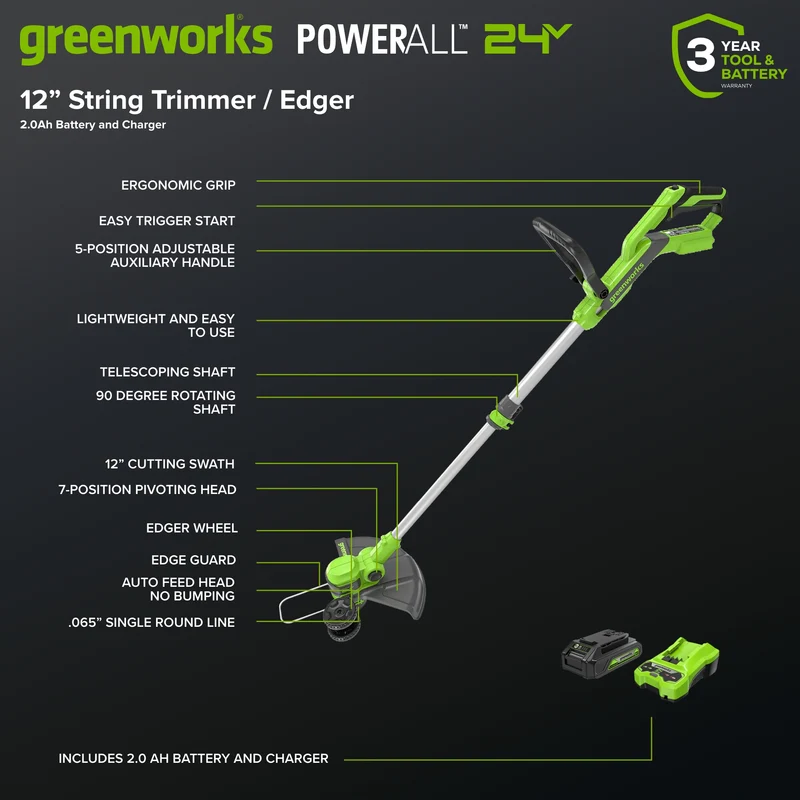 24V 12" Cordless Battery String Trimmer / Edger: (1) 2.0 Ah USB Battery, (1) 2A Charger
