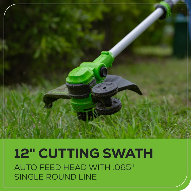 24V 12" Cordless Battery String Trimmer / Edger: (1) 2.0 Ah USB Battery, (1) 2A Charger