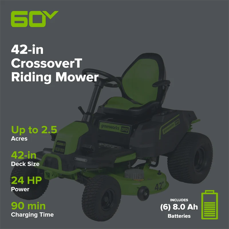 60V 42" Cordless Battery CrossoverT Riding Lawn Mower: (6) 8.0 Ah Batteries and (3) Dual-Port Turbo Chargers, CRT4261