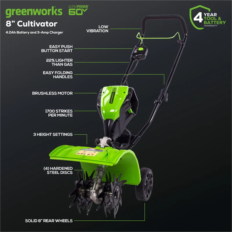 60V 8" Cordless Battery Cultivator / Tiller w/ 4.0Ah Battery & Charger