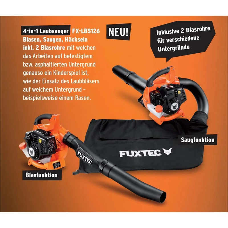 FUXTEC FX-LBS126 4in1 Laubsauger, Laubbläser, Laubhäcksler inkl. zwei Blasrohre