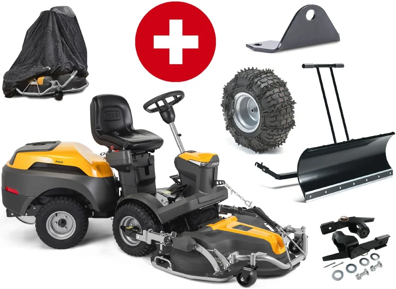 Stiga Frontmäher Park 500 WX mit Mähdeck Combi Pro 110 Q Plus Winterpaket mit 120 cm Schneeschild und Schneeketten
