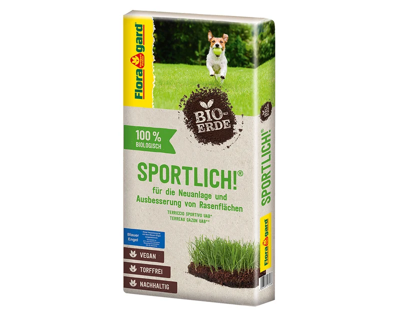 Floragard Bio-Erde Sportlich 40 Liter - zur Neuanlage, Pflege und Ausbesserung von Rasenflächen - torffrei und vegan