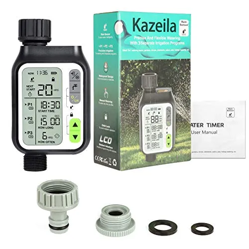Kazeila Bewässerungscomputer,Automatische Wasser Timer mit 3 Separaten Bewässerungssystem/Automatische Regensensor/Kindersicherungsmodus / 3" LC-Display Garten Sprinkleruhr Bewässerungssystem