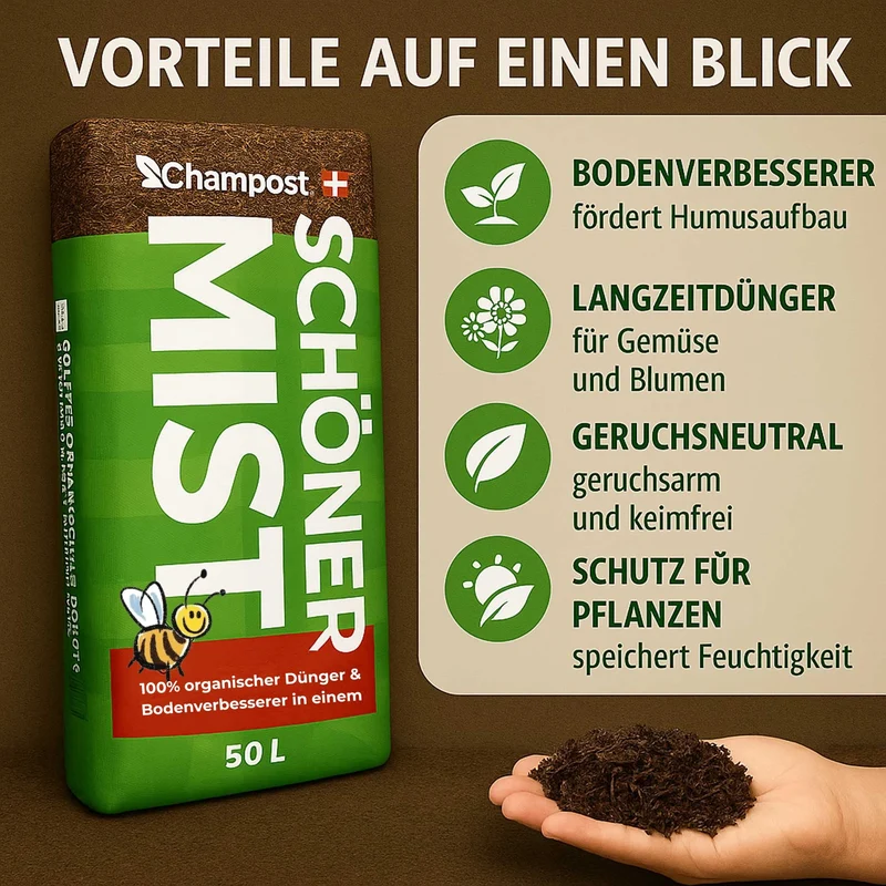 Pferdemist Universaldünger - 54 x Champost Schöner Mist - 50 Liter (1 Palette) - Pferdedung Pferdedünger