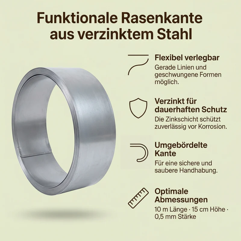 Rasenkantenband aus verzinktem Stahl – 15 cm hoch, Länge 10 m, 0,5 mm stark – GartenAZ Beetumrandung mit Umbördelung