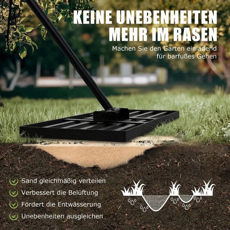 Rasenrakel Nivellierrechen Rasen Rakel, Metallstiel Rasenwerkzeug, zum Rasensanden Nivellieren Einebnen von Rasenflächen, für Garten Hof Golfplatz Rasenpflege alle Rasenbereiche