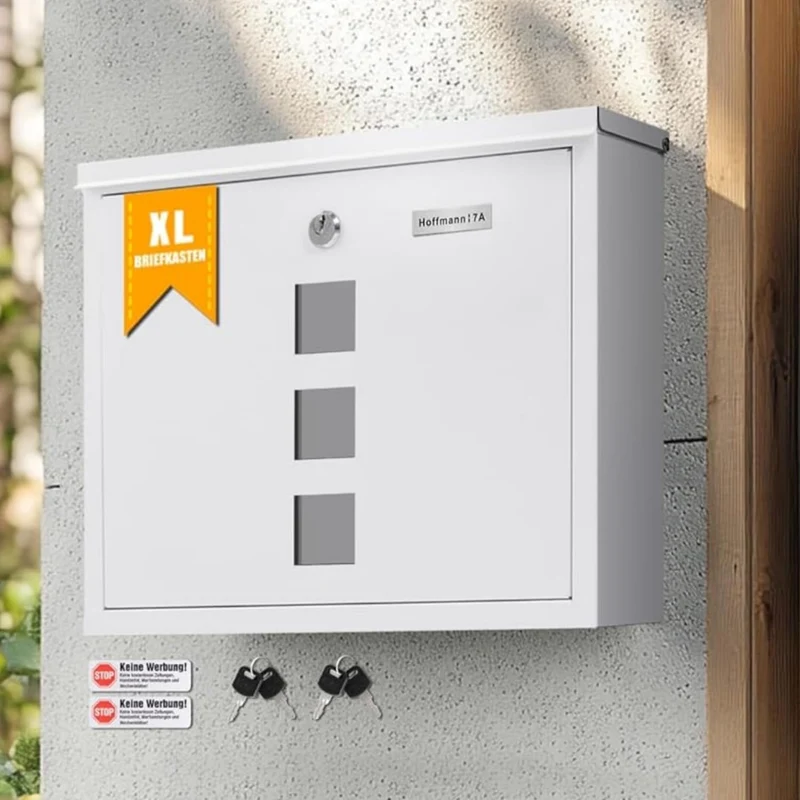 Briefkasten mit Edelstahl Namensschild Weiß Wandbriefkasten Postkasten Briefkasten mit Schloss Mailbox inkl. 4 Schlüsseln Letter Box (Weiß 9.5 x 35 x 28 cm)